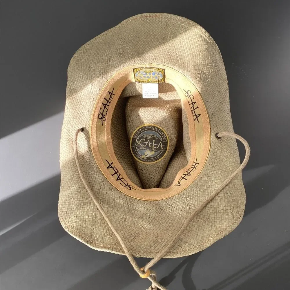 Scala Natural Straw Hat w/ Chin Strap Wired OS Western Outdoor Vacation Casual
